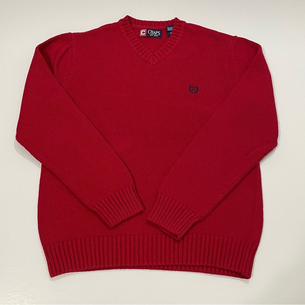 Chaps Mens Red V-Neck Cotton‎ Knit Sweater Embroidered Crest Logo Size Medium